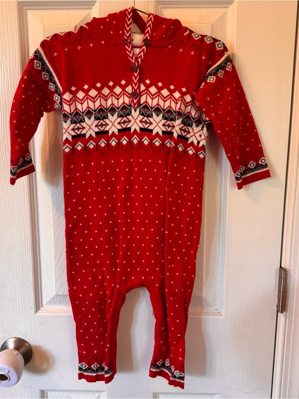 Hanna Andersson Red Hooded Nordic-Pattern One-Piece Fair Isle Sweater Romper 80